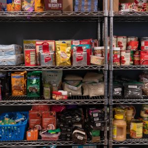 Merced College Food pantry with full shelves