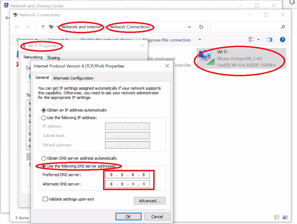 Go to Control Panel, Network and Internet, Network Connections (Network and Sharing Center) to Change Adapter Settings, right click on the WiFi adapter (Moxee) and click on Wi-Fi Properties, then choose Internet Protocol Version 4 (DO NOT uncheck the box!) and click on Properties. A new window appears. Click on Use the Following DNS server addresses and type 8.8.8.8 and 8.8.4.4. Click OK and close all the windows. It's all set and ready to go!