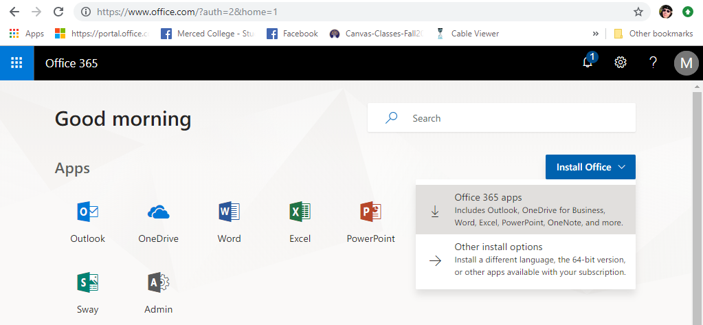 at the top right of the screen select install office. Then in the drop down select office 365 apps.