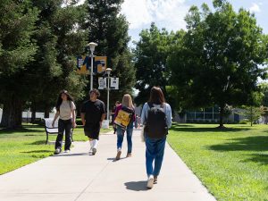 First day at Merced College campus with bustling students walking to class