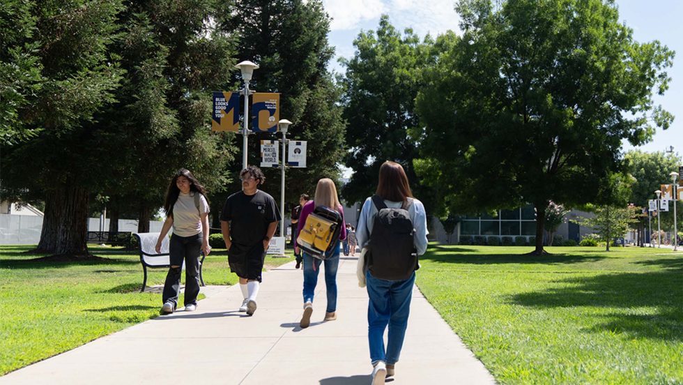 First day at Merced College campus with bustling students walking to class