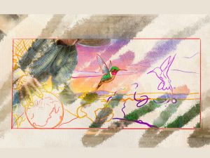 sketch of man planting in a field with hummingbird