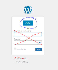 WordPress login page where you select the OKTA button at the top.