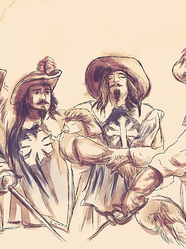 Four men holding swords pointed downwards