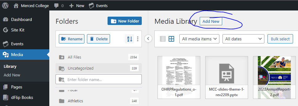 Select the add new button from the top of the media screen to upload your file.