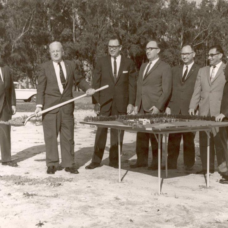 Groundbreaking L-.R 1. Barker, Dr. Lowell, 2. Cunningham, Byron 3. Crawford, Walter 4. DuPertuis, Henry (Architect) 5. Hann, John 6. Rose, Tony 7. Iwata, Buddy ; 1964.jpg