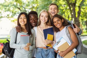 College in students bunched together