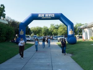 Students walking onto campus