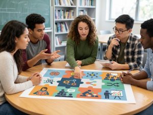 Five college students sit around a round wooden table in a classroom setting with bookshelves and a chalkboard in the background. A student in a green sweater points to a section of a large poster laid flat on the table, which displays a 3x4 grid of colorful puzzle pieces filled with business and learning icons, including a lightbulb, gears, a brain, and people presenting. The surrounding students listen attentively and take notes.