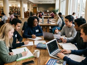 A diverse group of university students sitting around a wooden table in a library study area, collaborating on schoolwork with laptops, notebooks, and textbooks open.