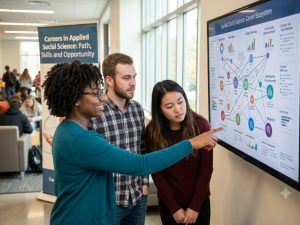 A diverse group of three college students looking at a large wall-mounted monitor in a modern university hallway. The screen displays an infographic titled "Applied Social Science: Career Ecosystem" featuring charts and interconnected node diagrams for fields like Urban Planning, Social Work, and Community Development. A vertical banner in the background reads, "Careers in Applied Social Science: Path, Skills and Opportunity."