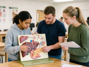 Three students standing around a wooden table in a science lab, examining and pointing to a 3D anatomical model of the human liver, gallbladder, and pancreas while one takes notes.